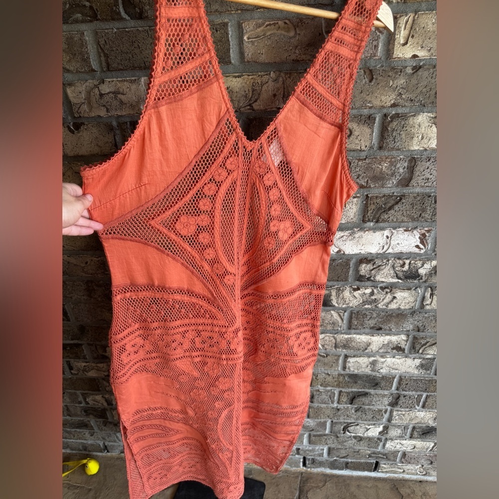 Cleobella Shelby Crochet Midi Dress XL Coral Orange Sheer Boho No Lining - Picture 8 of 16